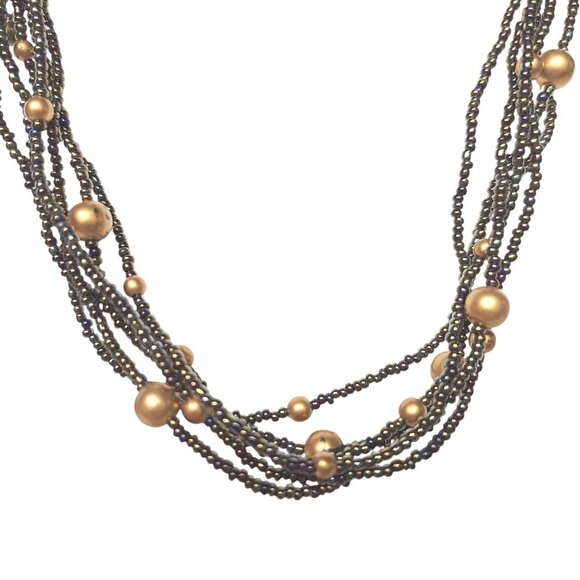 Vintage Multistrand Dark Brown Seed Beads Copper Tone Beads Choker Necklace - Picture 1 of 6